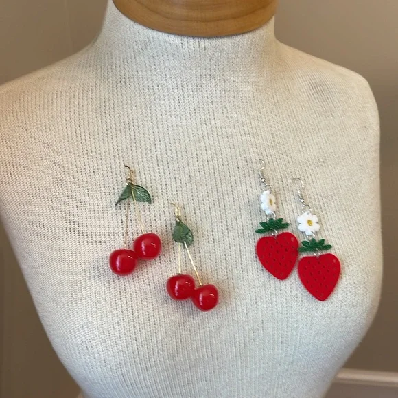 Red Cherry and Strawberry Earrings Set - Picture 13 of 14
